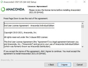 Anacondaのインストール（Windows）　同意書のウィンドウ