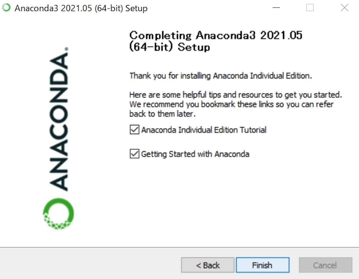 Anacondaのインストール（Windows）　終了画面