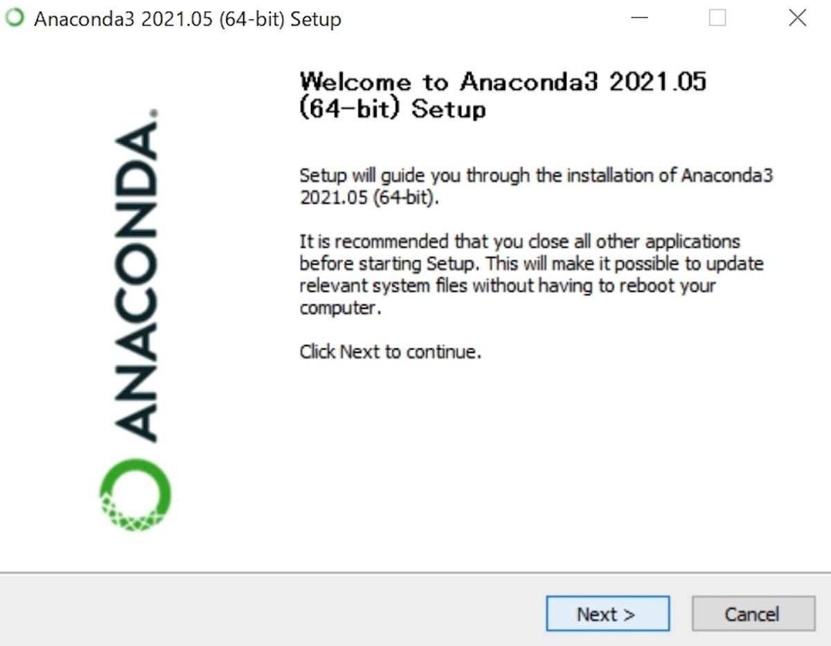 Anacondaのインストール（Windows）　開始ウィンドウ