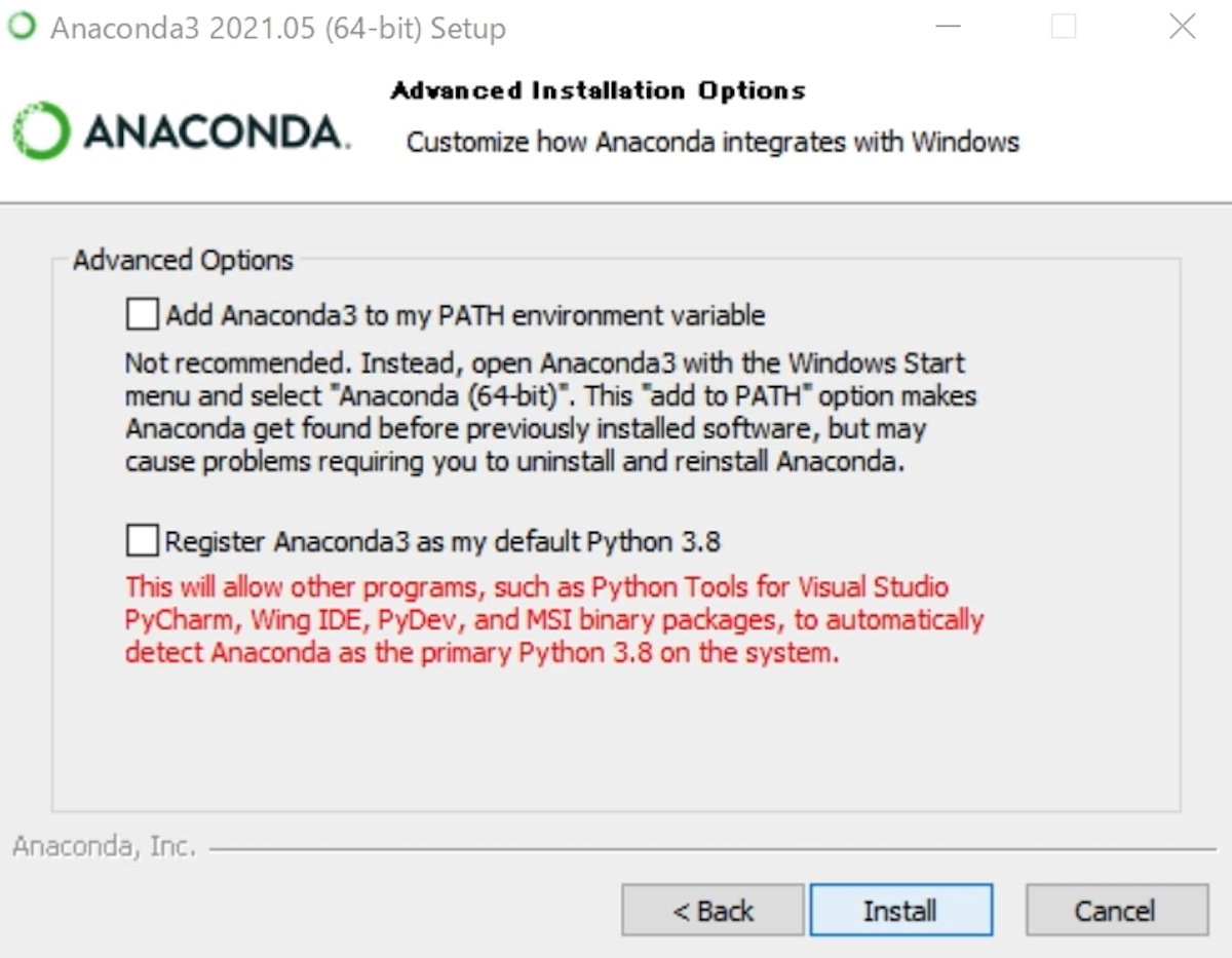 Anacondaのインストール（Windows）　Pathの設定やデフォルトのpythonのバージョンを設定