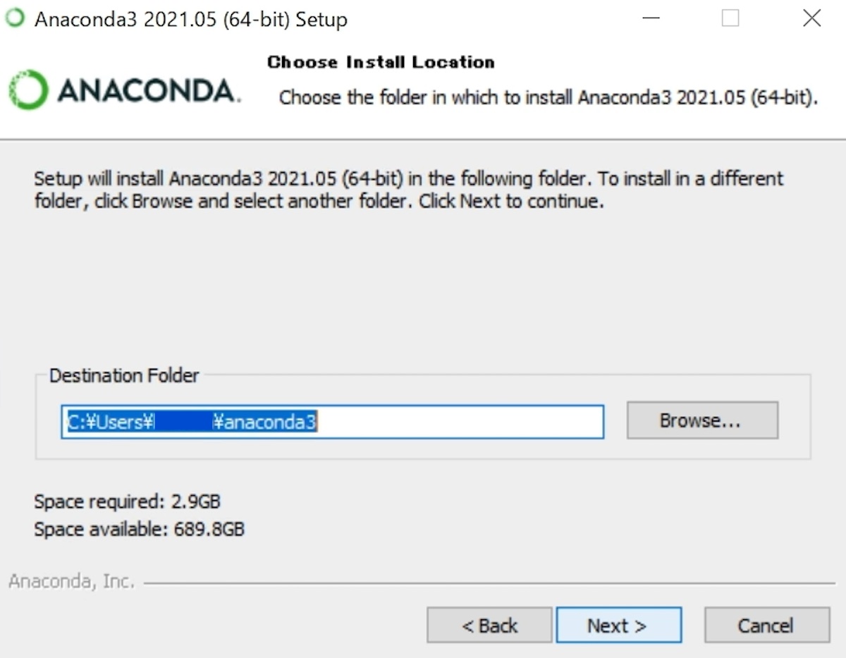 Anacondaのインストール（Windows）　インストール先フォルダの選択